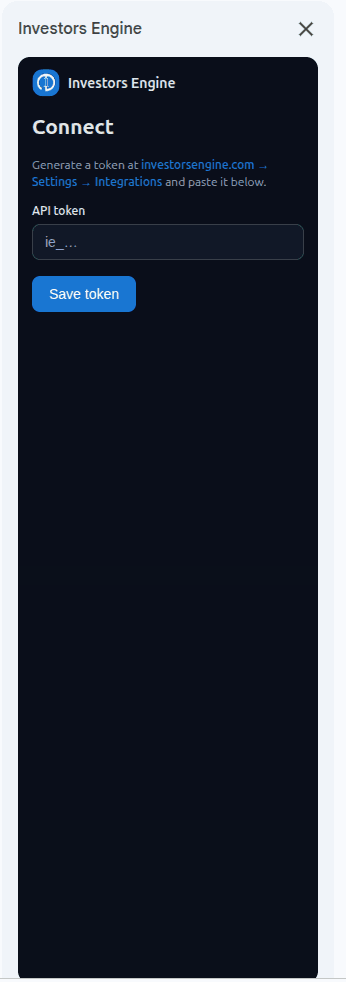 Sidebar connect screen with the API token input