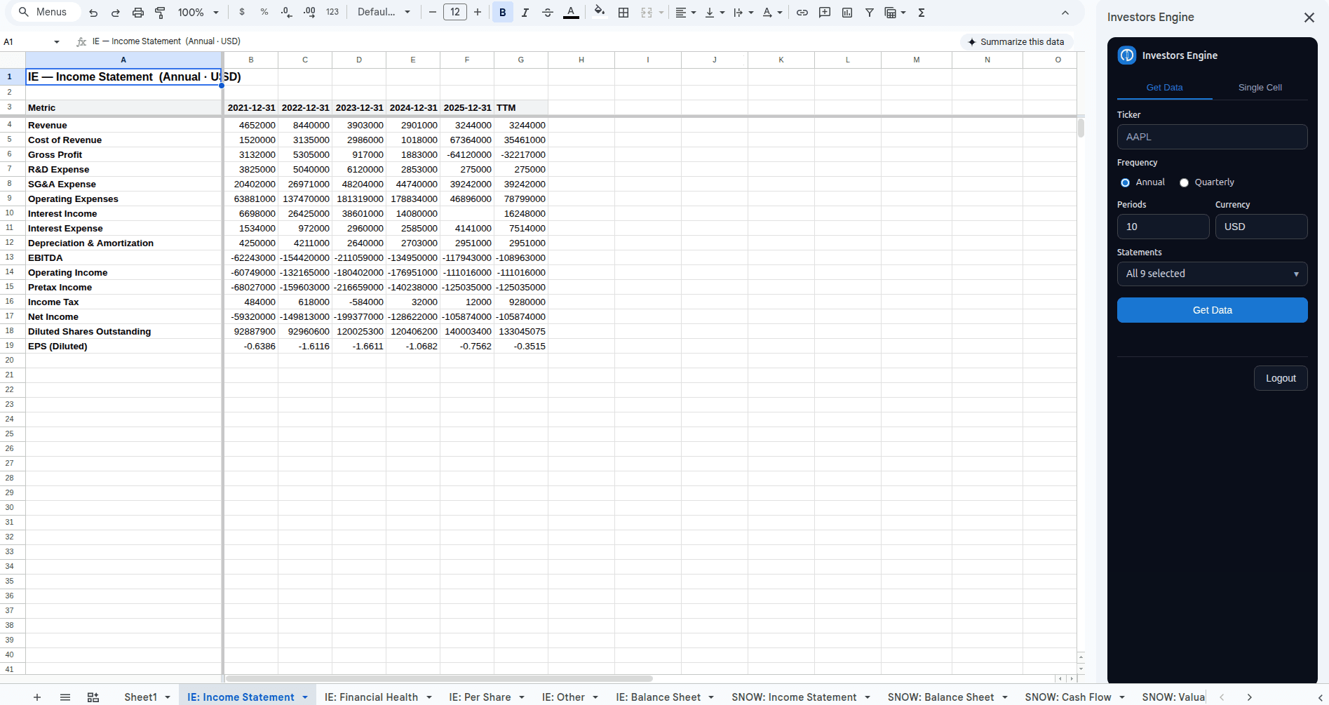 Populated AAPL: Income Statement tab