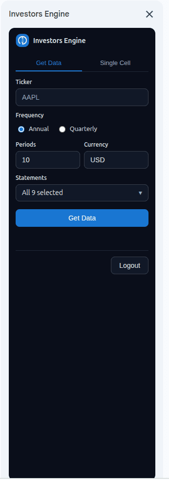 Get Data sidebar populated for AAPL, annual, 10 periods